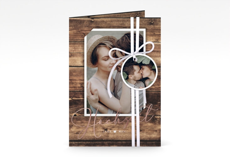 Einladungskarte Hochzeit Rustic A6 Klappkarte hoch rosegold