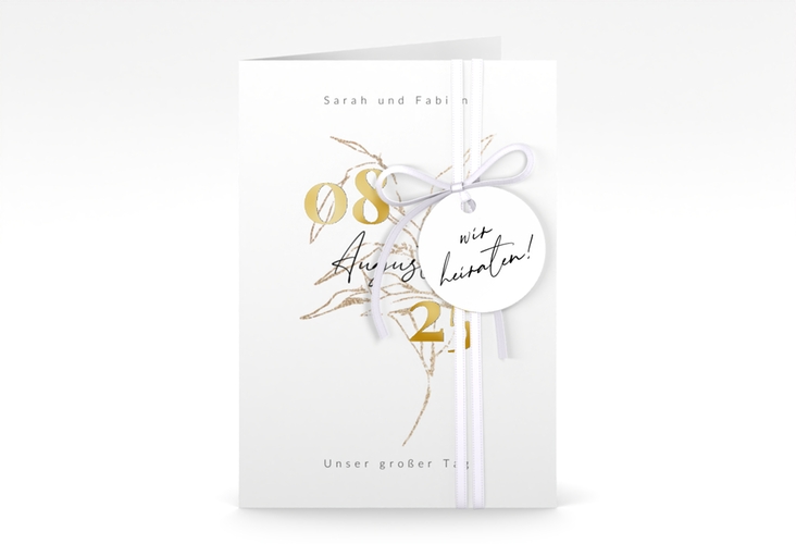 Einladungskarte Hochzeit Seed A6 Klappkarte hoch gold mit Pflanzen-Illustration und elegantem Datum