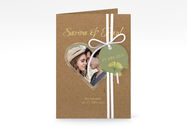 Einladungskarte Hochzeit Ginko A6 Klappkarte hoch rosegold mit Herz und zwei Ginkgo-Blättern