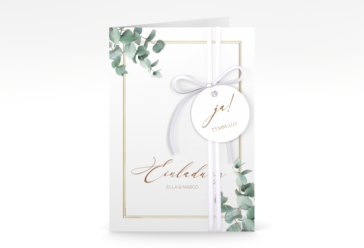 Einladungskarte Hochzeit Eucalypt A6 Klappkarte hoch gold mit Eukalyptus und edlem Rahmen