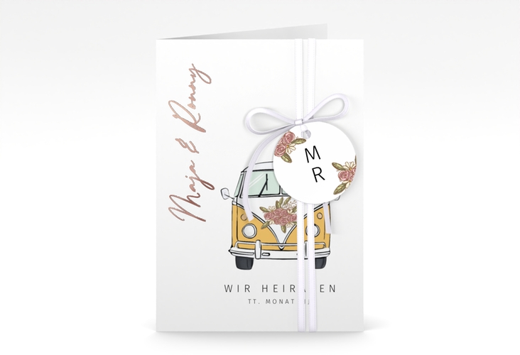 Einladungskarte Hochzeit Hochzeitsbulli A6 Klappkarte hoch rosegold mit Gräsern und Trockenblumen für Boho-Hochzeit