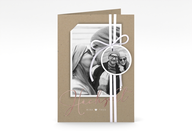 Einladungskarte Hochzeit Crafty A6 Klappkarte hoch rosegold mit Foto des Brautpaars