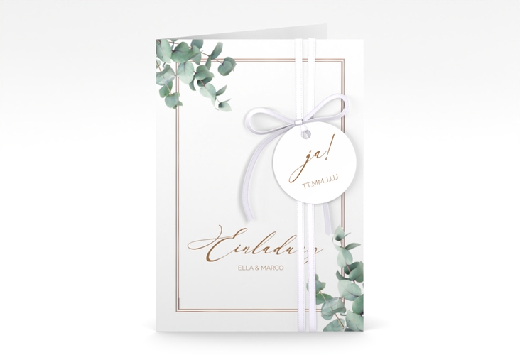 Einladungskarte Hochzeit Eucalypt A6 Klappkarte hoch rosegold mit Eukalyptus und edlem Rahmen