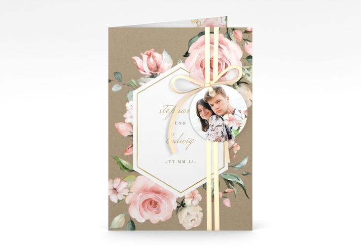 Einladungskarte Hochzeit Graceful A6 Klappkarte hoch gold mit Rosenblüten in Rosa und Weiß