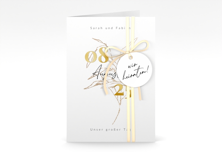 Einladungskarte Hochzeit Seed A6 Klappkarte hoch gold mit Pflanzen-Illustration und elegantem Datum
