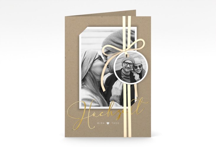 Einladungskarte Hochzeit Crafty A6 Klappkarte hoch gold mit Foto des Brautpaars