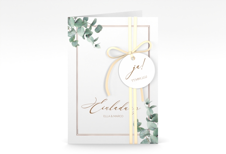 Einladungskarte Hochzeit Eucalypt A6 Klappkarte hoch rosegold mit Eukalyptus und edlem Rahmen