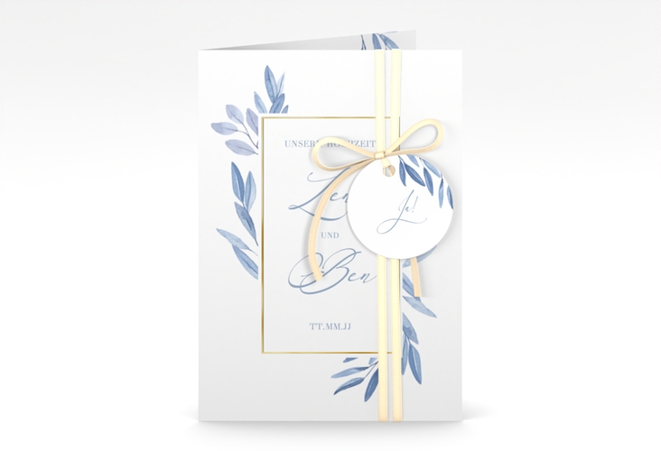 Einladungskarte Hochzeit Classicblue A6 Klappkarte hoch gold