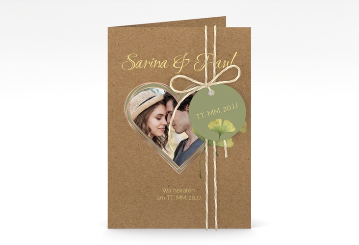 Einladungskarte Hochzeit Ginko A6 Klappkarte hoch rosegold mit Herz und zwei Ginkgo-Blättern