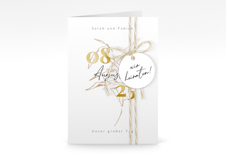 Einladungskarte Hochzeit Seed A6 Klappkarte hoch gold mit Pflanzen-Illustration und elegantem Datum