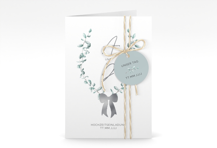 Einladungskarte Hochzeit Eucalypt Bow A6 Klappkarte hoch silber