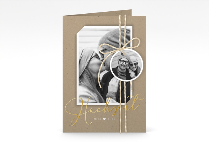 Einladungskarte Hochzeit Crafty A6 Klappkarte hoch gold mit Foto des Brautpaars
