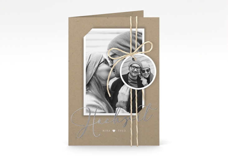 Einladungskarte Hochzeit Crafty A6 Klappkarte hoch silber mit Foto des Brautpaars