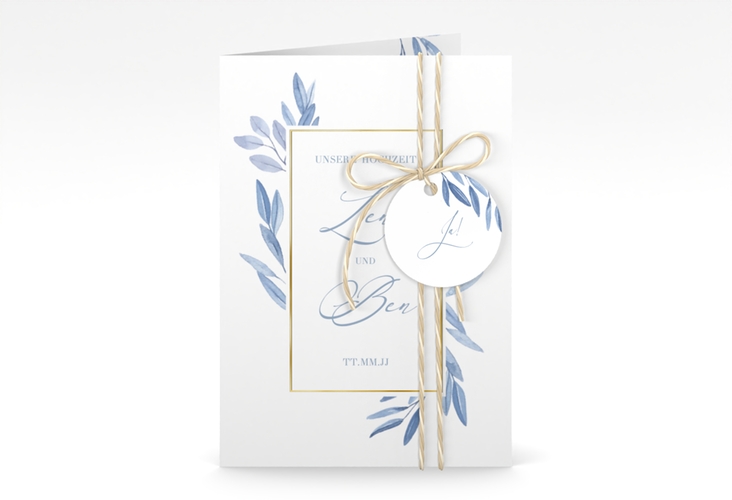 Einladungskarte Hochzeit Classicblue A6 Klappkarte hoch gold