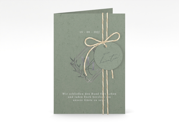 Hochzeitseinladung Greenletter A6 Klappkarte hoch silber mit Initialen in elegantem Goldrahmen mit Blättern