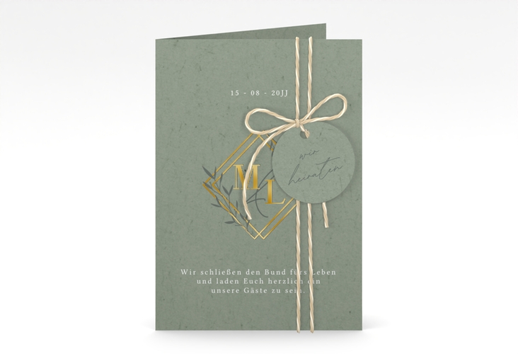 Hochzeitseinladung Greenletter A6 Klappkarte hoch gold mit Initialen in elegantem Goldrahmen mit Blättern