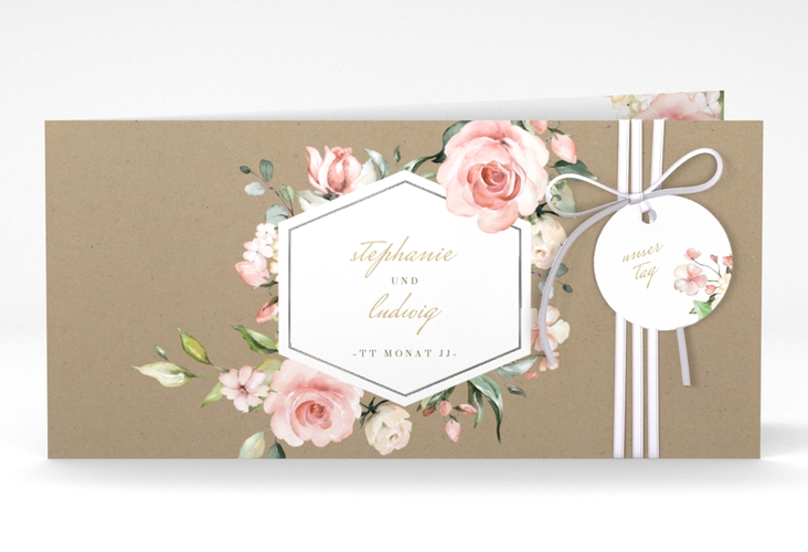 Hochzeitseinladung Graceful lange Klappkarte quer silber mit Rosenblüten in Rosa und Weiß