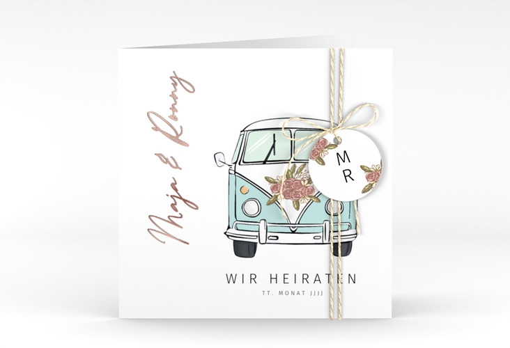 Hochzeitseinladung Hochzeitsbulli quadr. Klappkarte blau rosegold
