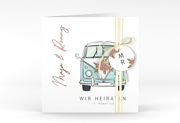 Hochzeitseinladung Hochzeitsbulli quadr. Klappkarte blau rosegold
