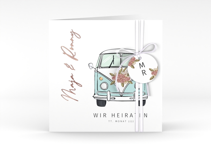 Hochzeitseinladung Hochzeitsbulli quadr. Klappkarte blau rosegold