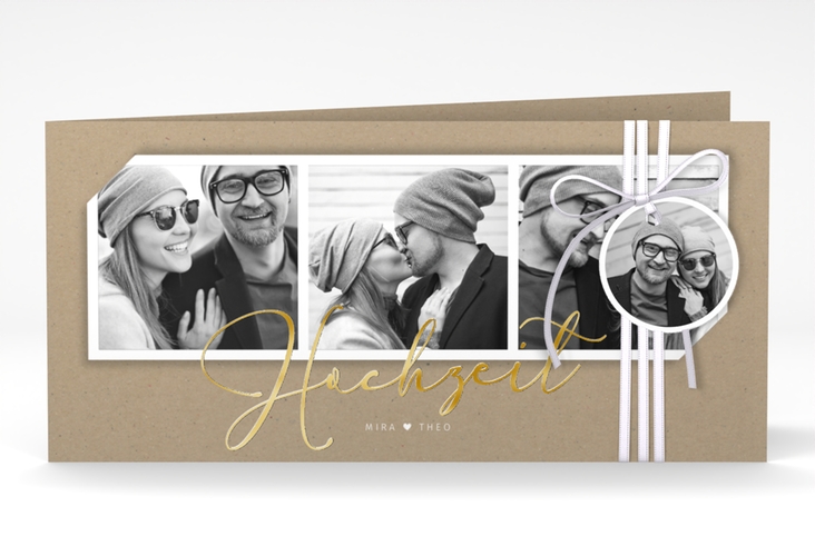 Hochzeitseinladung Crafty lange Klappkarte quer gold mit drei Fotos