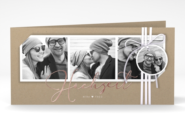 Hochzeitseinladung Crafty lange Klappkarte quer rosegold mit drei Fotos