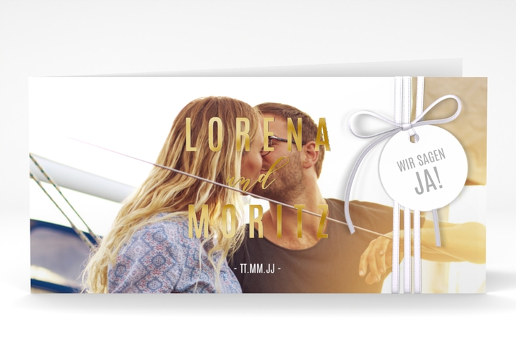 Hochzeitseinladung Memory lange Klappkarte quer gold