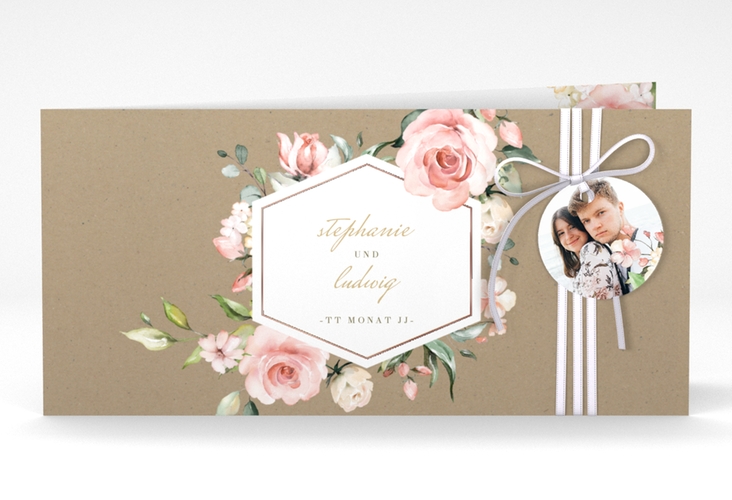 Hochzeitseinladung Graceful lange Klappkarte quer rosegold mit Rosenblüten in Rosa und Weiß