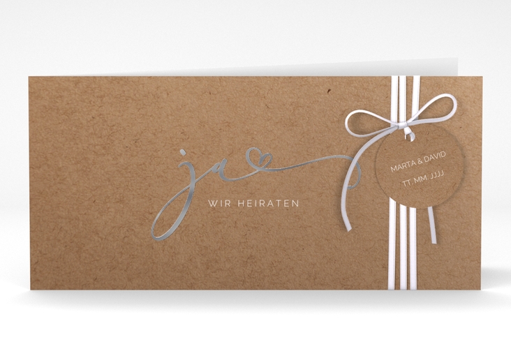 Hochzeitseinladung Jawort lange Klappkarte quer silber modern minimalistisch mit veredelter Aufschrift