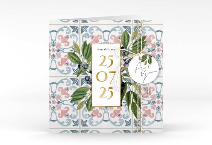 Hochzeitseinladung Mediterraner Flair quadr. Klappkarte bunt gold mit Auzlejo-Fliesenmuster und Lorbeer