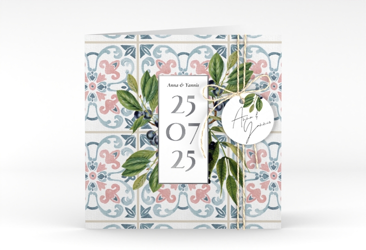 Hochzeitseinladung Mediterraner Flair quadr. Klappkarte bunt silber mit Auzlejo-Fliesenmuster und Lorbeer