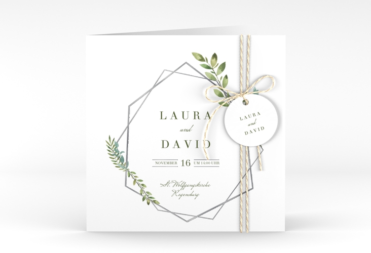 Hochzeitseinladung Herbarium quadr. Klappkarte grau silber mit geometrischem Rahmen und Blätter-Dekor