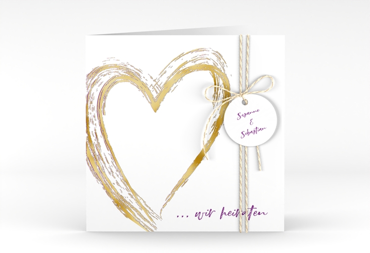Hochzeitseinladung Liebe quadr. Klappkarte lila gold