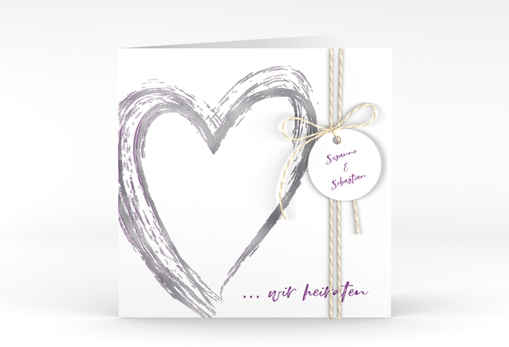 Hochzeitseinladung Liebe quadr. Klappkarte lila silber