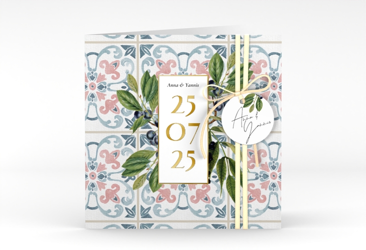 Hochzeitseinladung Mediterraner Flair quadr. Klappkarte bunt gold mit Auzlejo-Fliesenmuster und Lorbeer