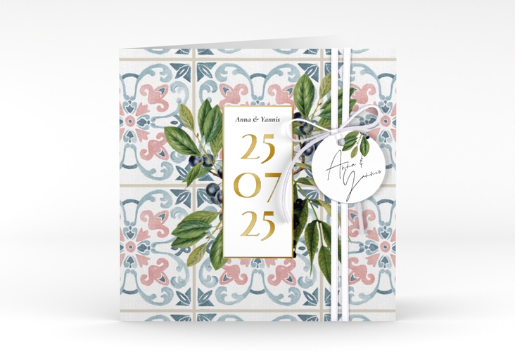 Hochzeitseinladung Mediterraner Flair quadr. Klappkarte bunt gold mit Auzlejo-Fliesenmuster und Lorbeer