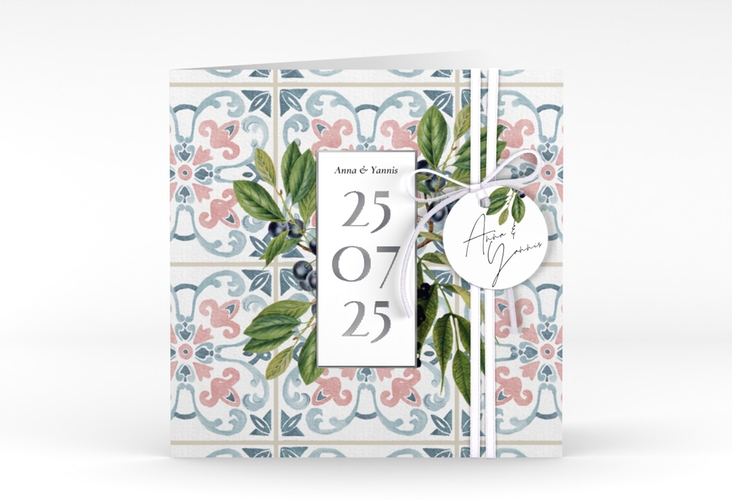 Hochzeitseinladung Mediterraner Flair quadr. Klappkarte bunt silber mit Auzlejo-Fliesenmuster und Lorbeer