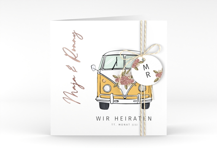 Hochzeitseinladung Hochzeitsbulli quadr. Klappkarte gelb rosegold