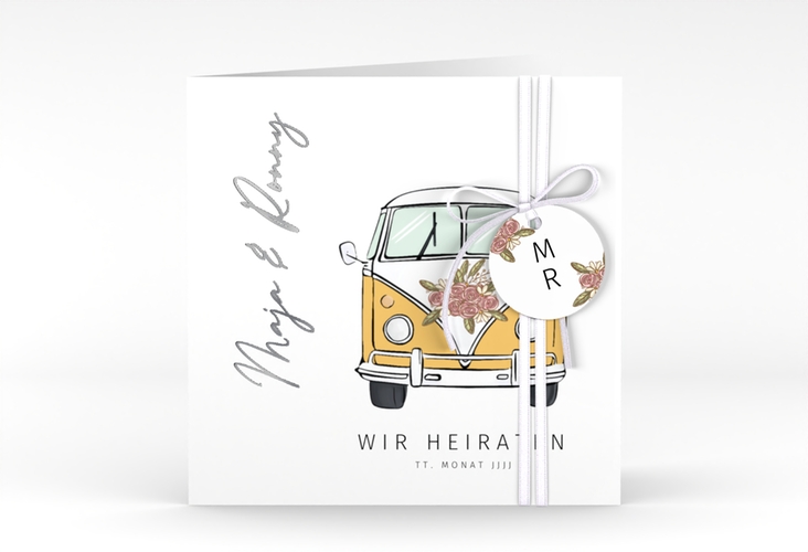 Hochzeitseinladung Hochzeitsbulli quadr. Klappkarte gelb silber