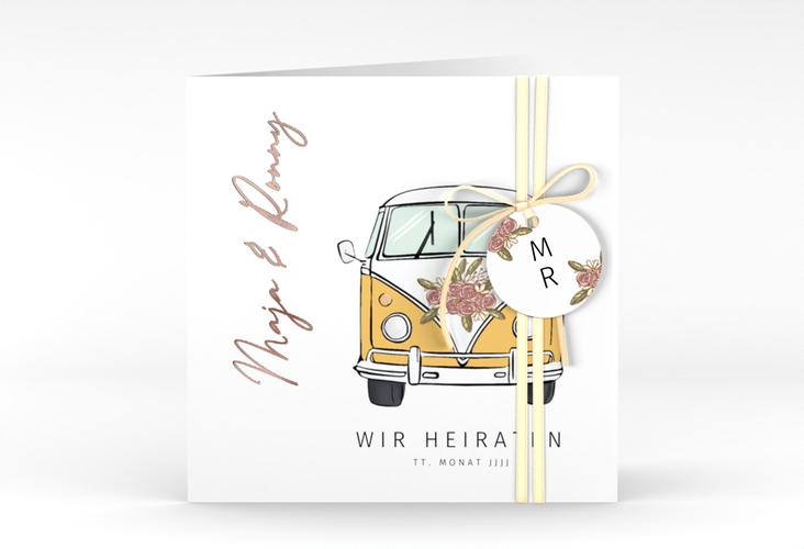 Hochzeitseinladung Hochzeitsbulli quadr. Klappkarte gelb rosegold