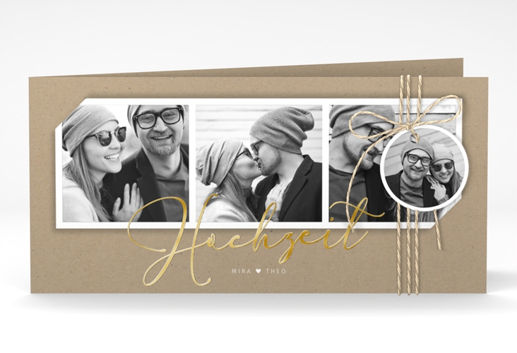 Hochzeitseinladung Crafty lange Klappkarte quer gold mit drei Fotos