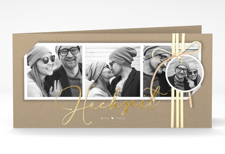 Hochzeitseinladung Crafty lange Klappkarte quer gold mit drei Fotos
