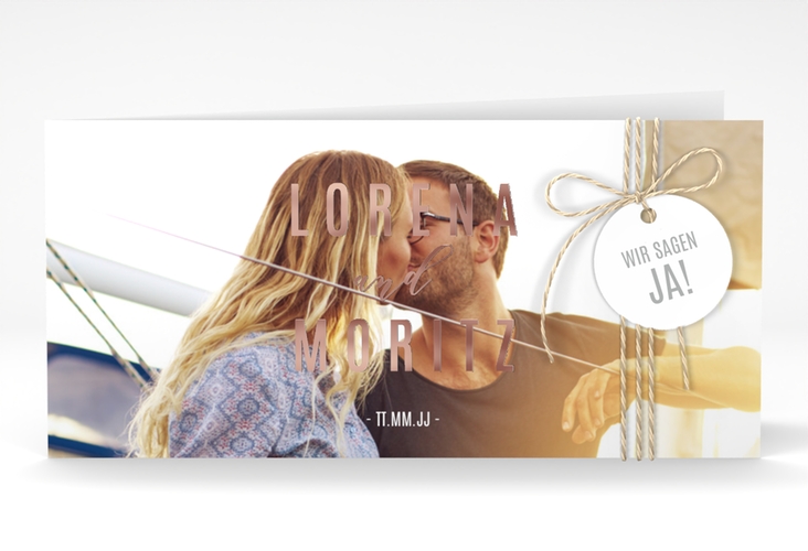 Hochzeitseinladung Memory lange Klappkarte quer rosegold