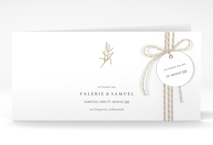Hochzeitseinladung Ivy lange Klappkarte quer gold minimalistisch mit kleiner botanischer Illustration