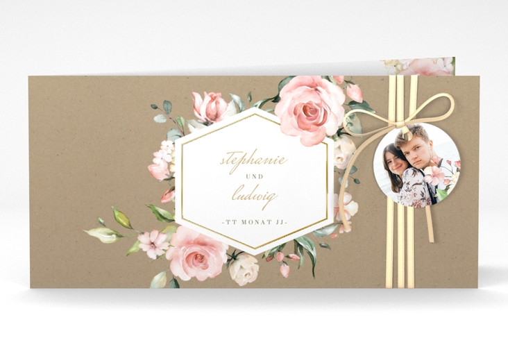 Hochzeitseinladung Graceful lange Klappkarte quer gold mit Rosenblüten in Rosa und Weiß