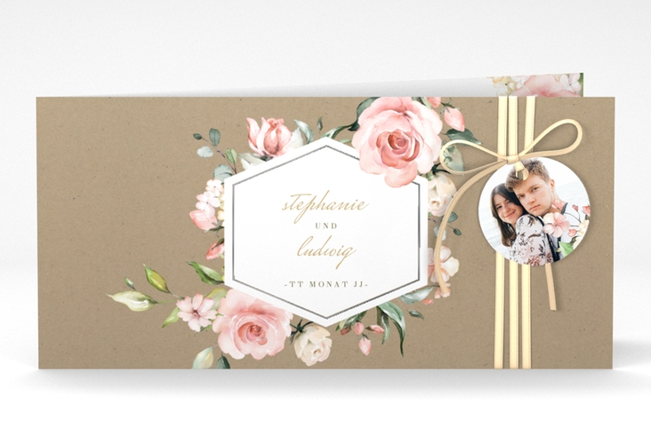 Hochzeitseinladung Graceful lange Klappkarte quer silber mit Rosenblüten in Rosa und Weiß
