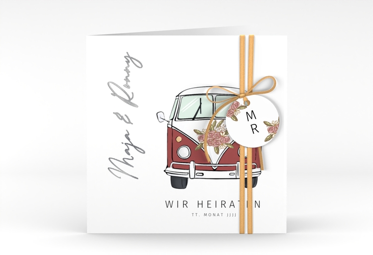 Hochzeitseinladung Hochzeitsbulli quadr. Klappkarte rot silber