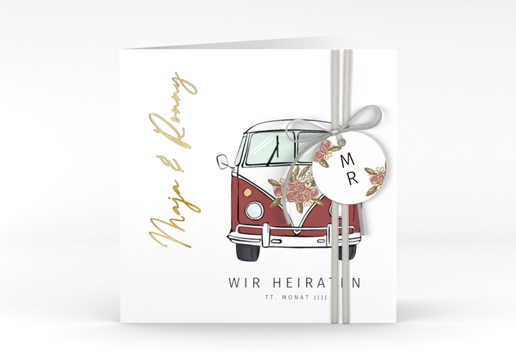 Hochzeitseinladung Hochzeitsbulli quadr. Klappkarte rot gold