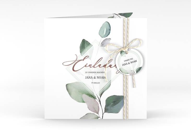 Hochzeitseinladung Foglia quadr. Klappkarte weiss rosegold edel mit Eukalyptus im Aquarell-Design