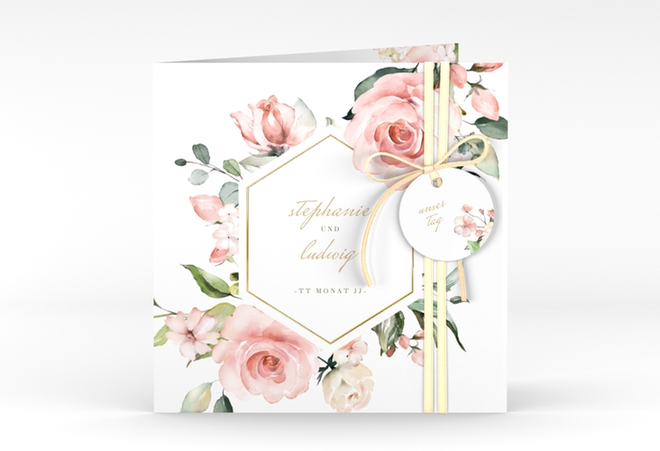 Hochzeitseinladung Graceful quadr. Klappkarte weiss gold mit Rosenblüten in Rosa und Weiß